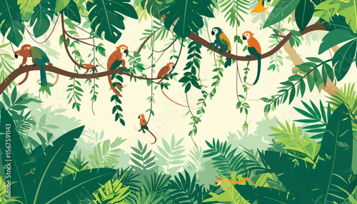 Colorful Parrots and Monkeys Perched in Lush Jungle Foliage Illustration