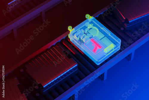 3D rendering of airport security luggage scanner showing suitcase with visible gun and handcuffs in x-ray style on conveyor belt concept. 3D Rendering