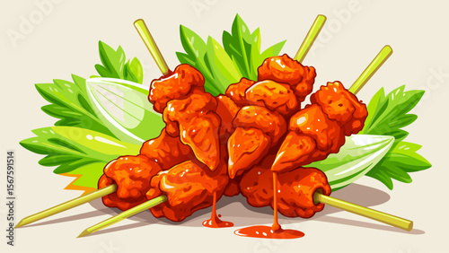 Bold and spicy Buffalo Chicken Skewers, brushed with tangy sauce, glisten with orange shine, stacked beside celery sticks and ranch drizzle.