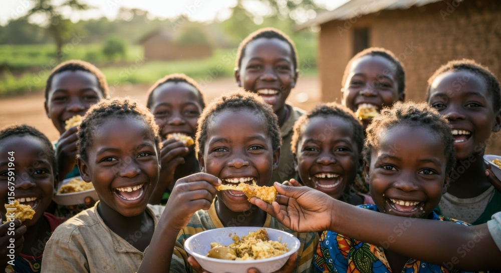 Obraz premium A group of smiling children, joyfully eating food together, captured with warm sunlight