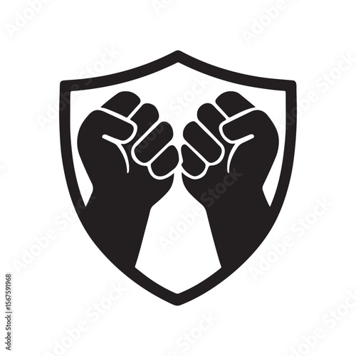Two clenched fists raised inside a shield outline in black and white vector illustration style art