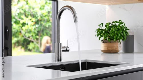 Modern kitchen faucet with water flow