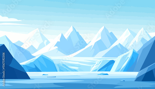 Arctic Landscape with Jagged Mountains and Glacial Ice Formations in Cool Blues
