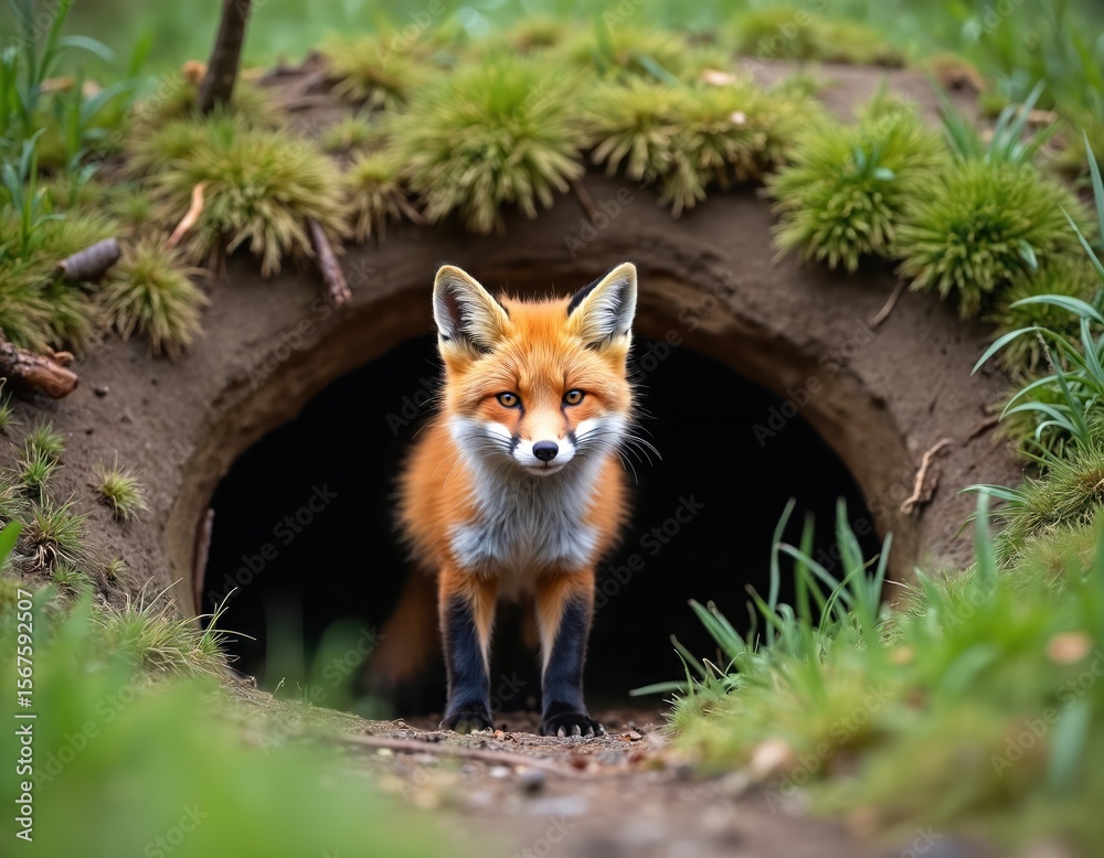 Fototapeta premium Curious red fox kit sits at den entrance in Alaska. Young vulpine, with characteristic orange fur, black markings, poses by burrow. Wild animal baby hunter, young predator in natural forest habitat.