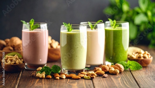 Healthy Smoothie and Nuts on Wooden Table, Fresh Natural Breakfast / ナッツやスムージーと木製テーブル、ヘルシーでナチュラルな朝食