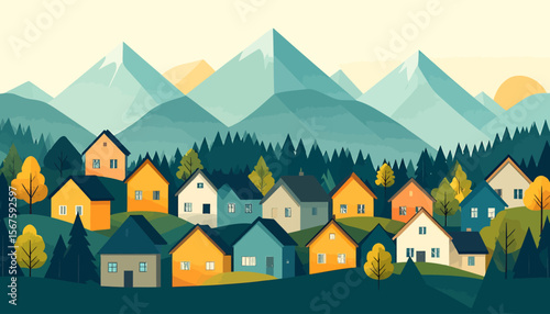Colorful Village Nestled Amidst Mountains and Lush Forest Scenery
