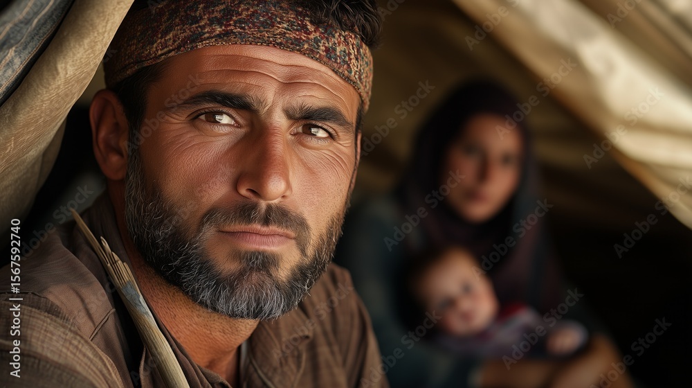 Obraz premium Portrait of a man and his family in a temporary shelter during challenging times in a remote location