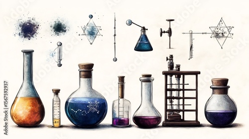 Alchemical Still Life: Antique Science Equipment & Mystical Illustrations