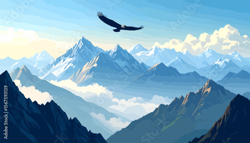 Majestic Eagle Soaring Above Snowy Mountain Peaks and Clouds