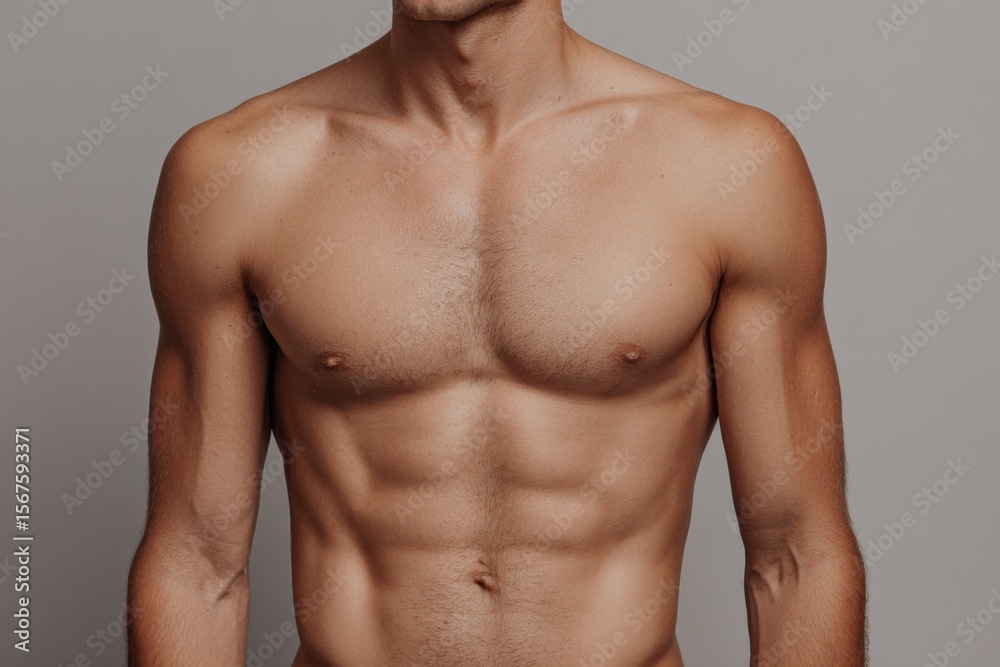 Fototapeta premium Close-up of a shirtless muscular male with well-defined abs chest and arms showing athletic physique against plain gray background