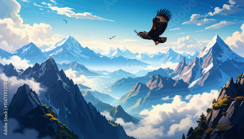 Majestic Eagle Soaring Over Snowy Mountain Peaks
