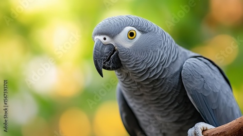 African grey parrot perched on a branch in a vibrant outdoor habitat during daylight hours