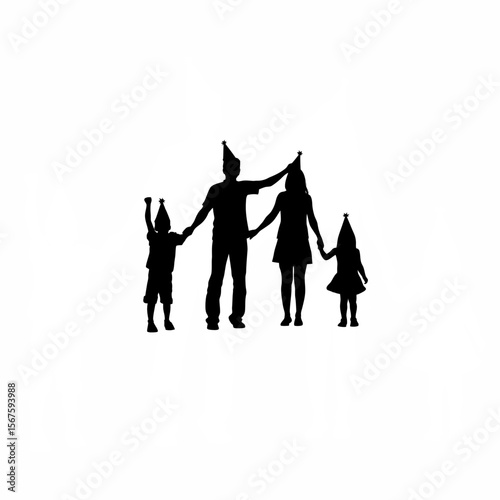 Silhouette of family posing with party hats on white background