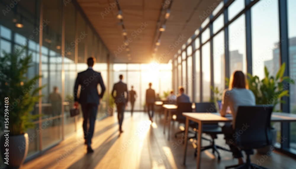 Sunlit modern office hallway with people in suits walking. Colleagues in business attire move through office space. Team members work in contemporary corporate environment, embracing success,