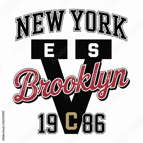 New York, Brooklyn t-shirt design. T-shirt print design in American college style. Athletic typography for tee shirt print in university and college style. Vector