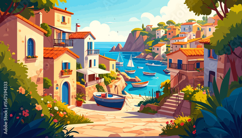 Colorful Coastal Village Scene with Boats and Houses
