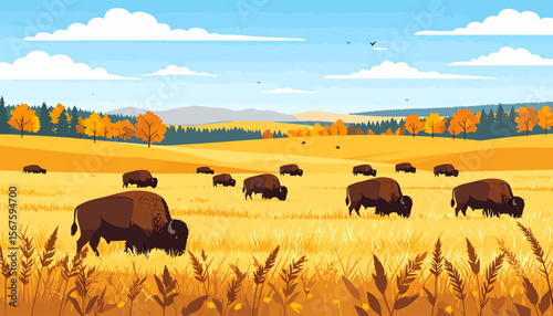 Bison Grazing in a Golden Autumn Prairie Landscape