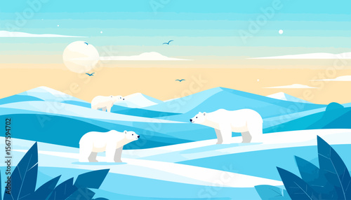 Serene Arctic Landscape with Three Polar Bears at Sunset
