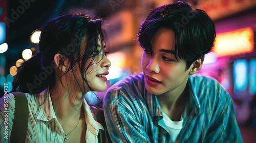 Romantic Encounter: Capturing a tender moment between a couple in a vibrant urban setting, filled with warmth and affection. A scene of deep connection.