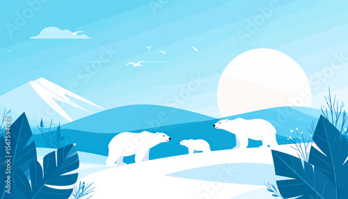 Polar Bear Family in a Stylized Arctic Landscape with Blue Hues