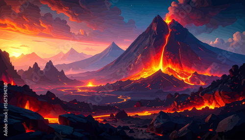 Fiery Volcanic Eruption at Sunset Over a Dramatic Mountain Range