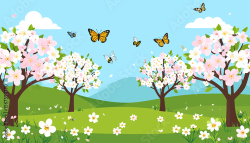 Whimsical Springtime Scene Featuring Blooming Trees, Butterflies, and Bees