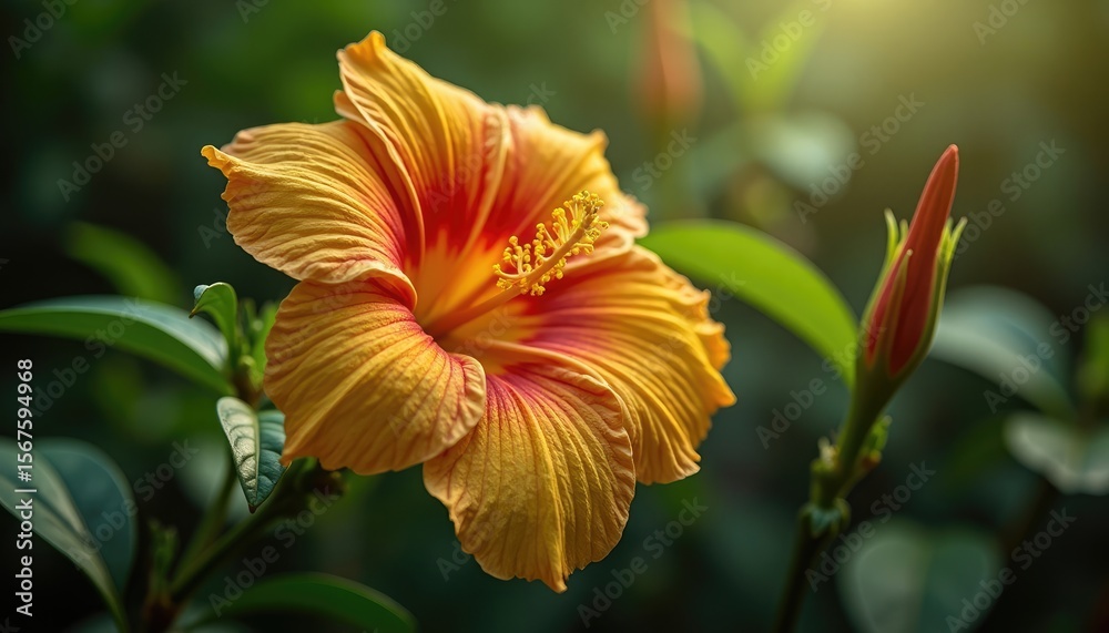 Fototapeta premium Close-up view of a vibrant orange-red hibiscus flower.