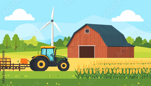 Agricultural Scene with Tractor, Barn, Wind Turbine, and Golden Wheat Field