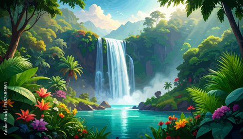 Vibrant Waterfall Cascading into Turquoise Lagoon Amidst Lush Tropical Foliage.