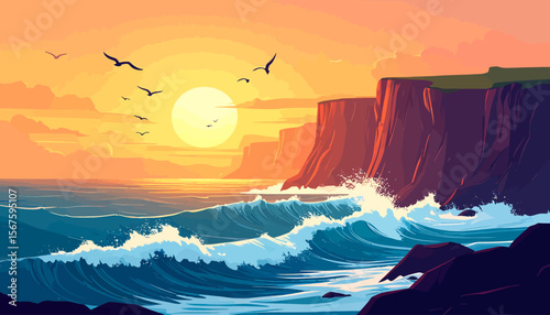 Dramatic Sunset Seascape with Foamy Waves Crashing on Cliffs