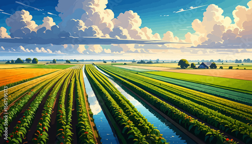 Vibrant Agricultural Fields Under a Dramatic Sky with Lush Crops and Waterways