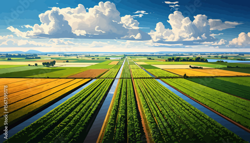 Expansive Agricultural Fields Under a Bright Blue Sky with Fluffy Clouds