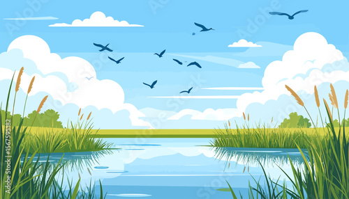 Serene Lakeside Scene with Flying Birds and Lush Greenery Illustration