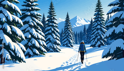 Winter Hike Through Snowy Pine Forest Towards Majestic Mountains