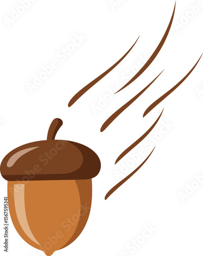 A cartoon acorn flying through the air, propelled by wind.