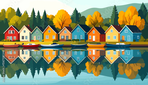 Colorful lakeside houses with boats reflecting in calm water during autumn