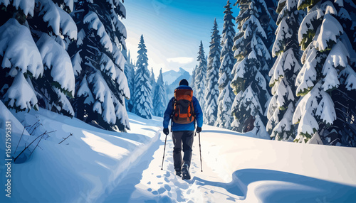 Solitary Winter Hiker on Snowy Trail Through Snow-Covered Pines
