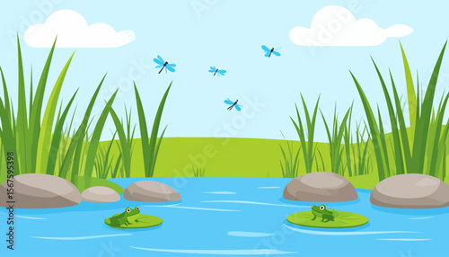 Cartoon Pond Scene Featuring Frogs, Lily Pads, Dragonflies, and Lush Greenery
