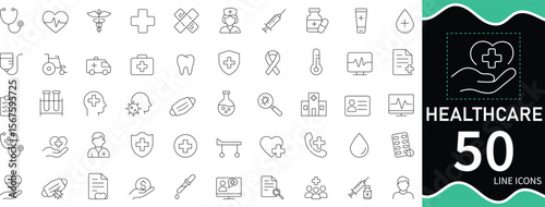  Healthcare Line Icon Set 50 Medical, Hospital, Doctor, Treatment, Health and Patient Care Icons Minimal Outline Style
