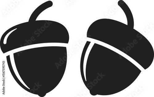 Two simple, black silhouette acorns, side-by-side, illustrating a common autumnal symbol.