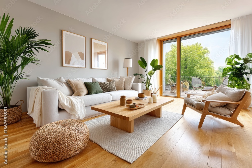 Fototapeta premium Minimalist Scandinavian living room with natural light and stylish decor elements