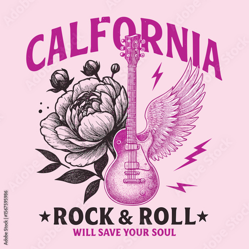 California Rock Summer Party T-Shirt - Vintage Wing Graphics with Rose Vector Prints - Black Floral Rock n Roll Design