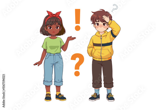 Cartoon Girl with Red Bow and Boy with Question Mark Expression.