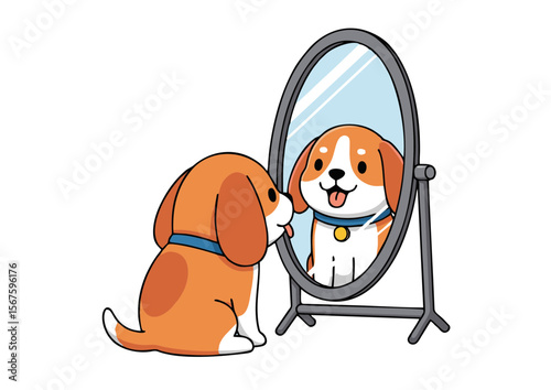 Adorable Beagle Puppy with Blue Collar Looking at its Reflection in an Oval Mirror.
