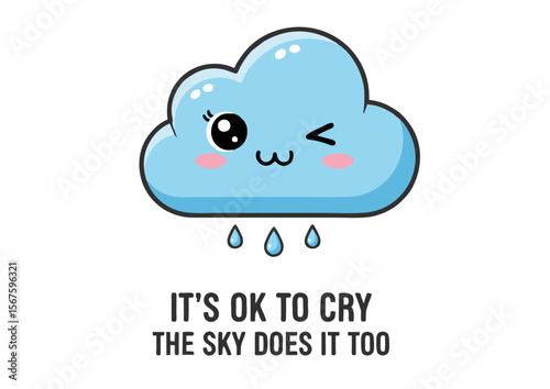 Cute Winking Light Blue Cloud with Rain Drops.