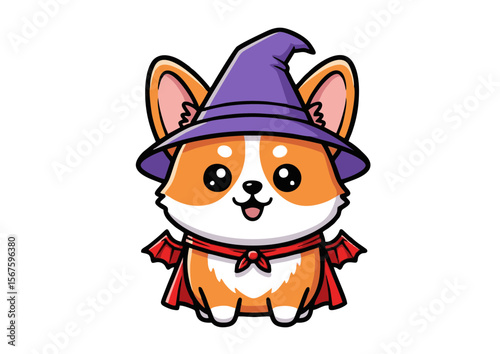 Cute Corgi Dressed as a Halloween Witch with a Cape and Hat.