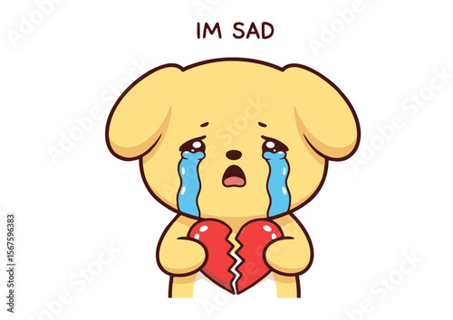 Cartoon Dog Crying Tears Holding Broken Heart Expressing Sadness.