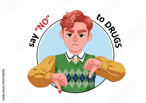 Cartoon Boy with Thumbs Down: Say NO to Drugs Green Vest.