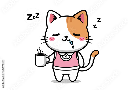 Cartoon Cat Sleeping While Holding Coffee Cup Wearing Pink Shirt.