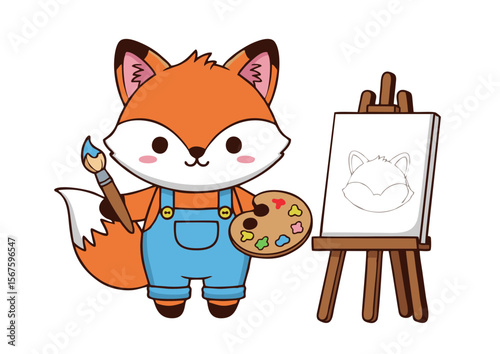 Cute Fox Artist in overalls with paintbrush and palette.